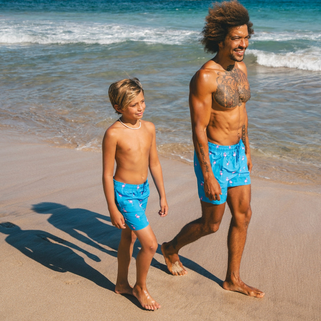 Flamingo, Royal Blue, Father and son swim shorts
