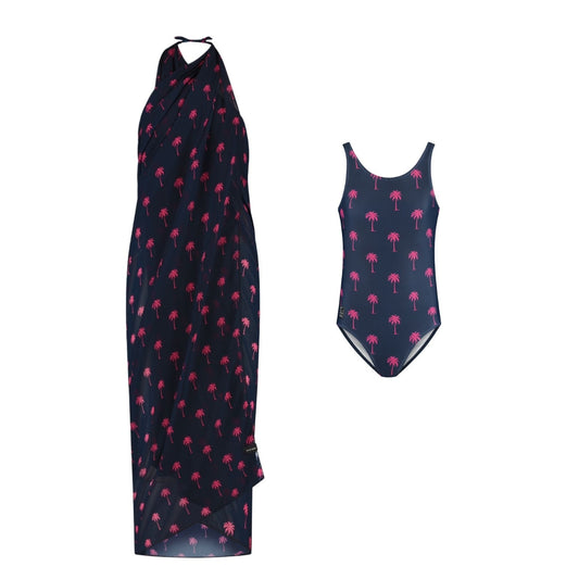 Palm tree, Blue, Mother and daughter swimwear