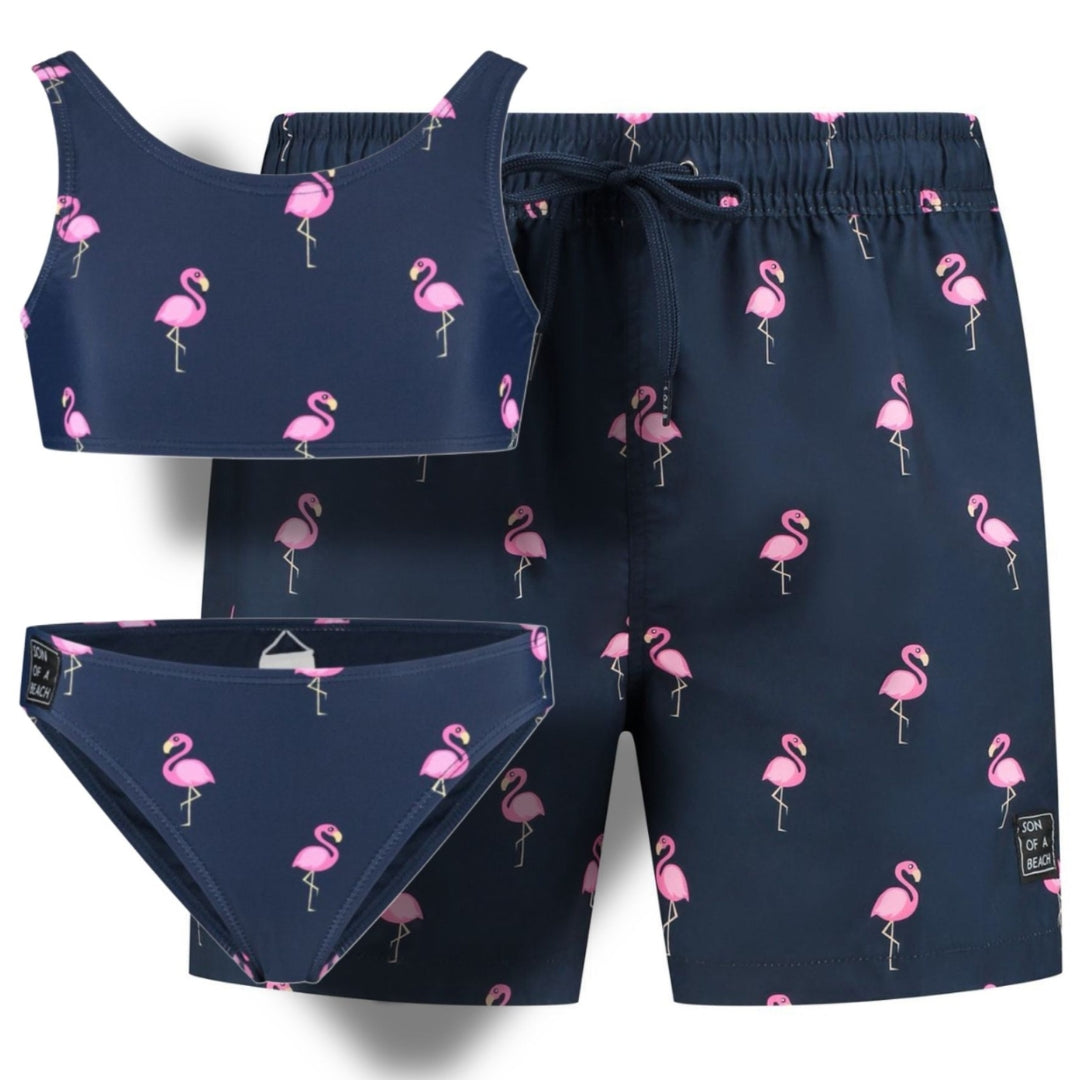 Flamingo, Blue, Father and daughter swim trunks/bikini 