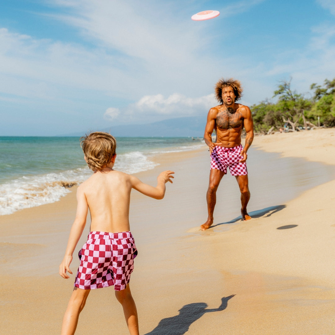 Check, Red, Boys Swim Trunks