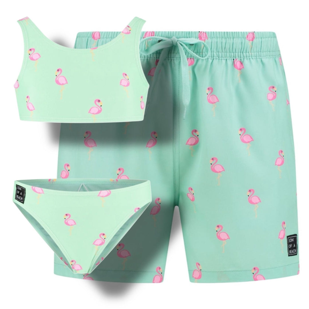 Flamingo, Green, Father and daughter swim trunks/bikini 