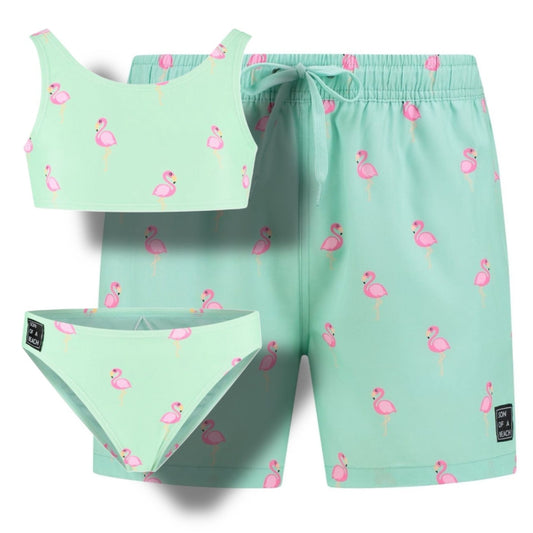 Flamingo, Green, Father and daughter swim trunks/bikini 