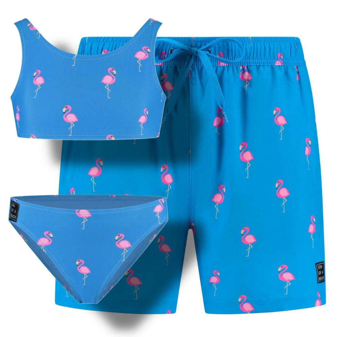 Flamingo, Royal Blue, Father and daughter swim trunks/bikini 