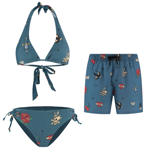Tattoo, Blue, Mother and son bikini/swimming trunks