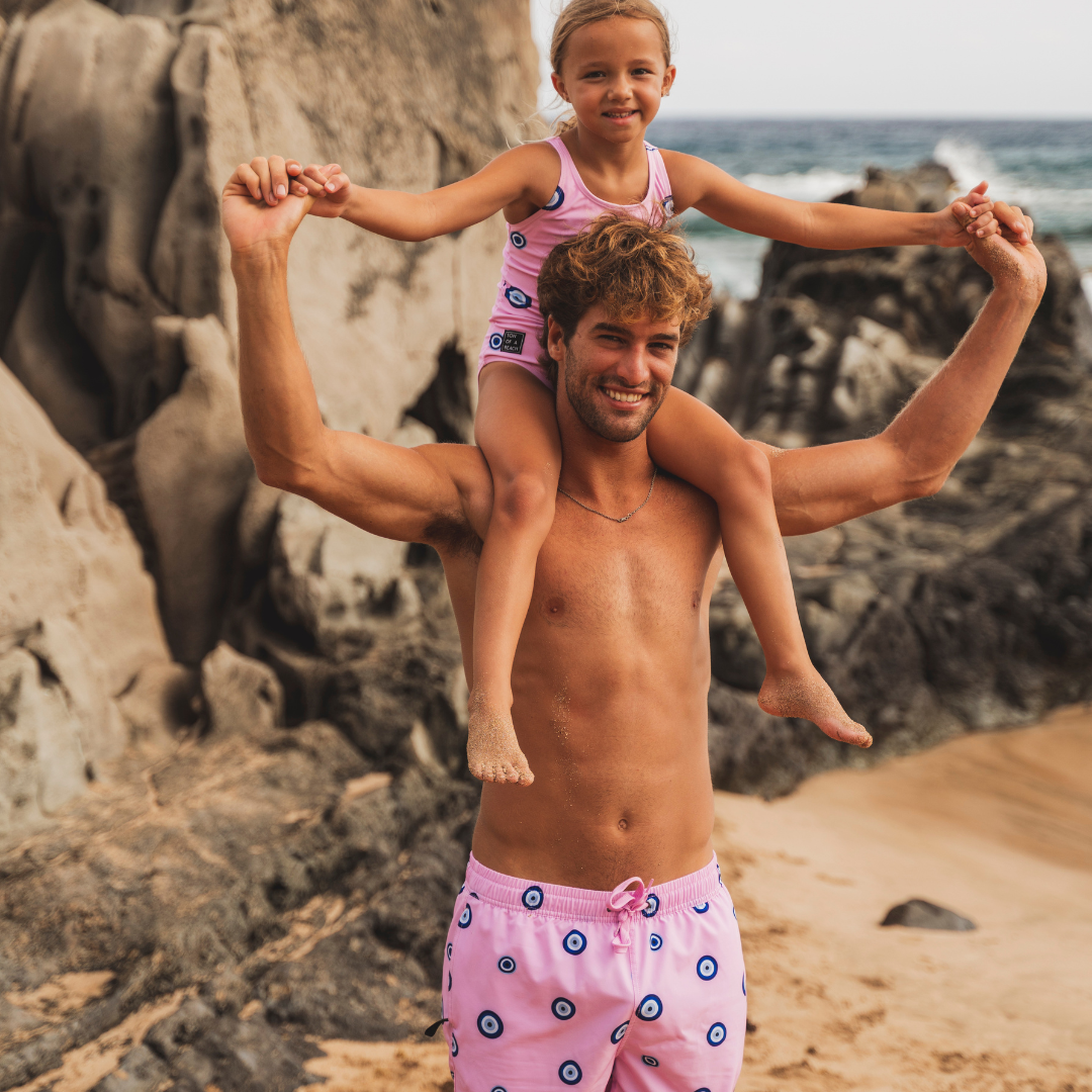 Eye, Pink, Father and daughter swimwear