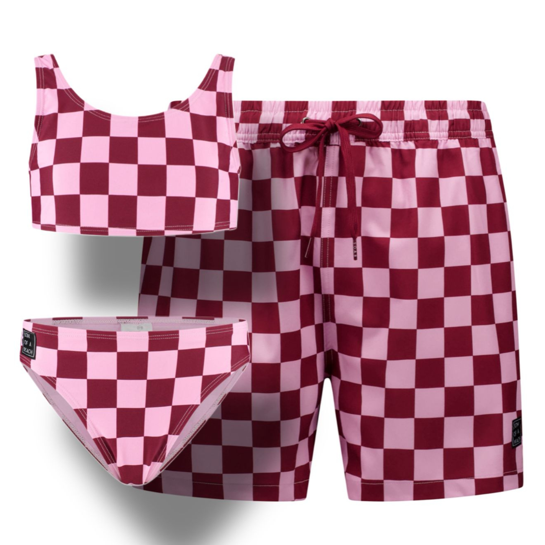 Check, Red, Father and daughter swim trunks/bikini