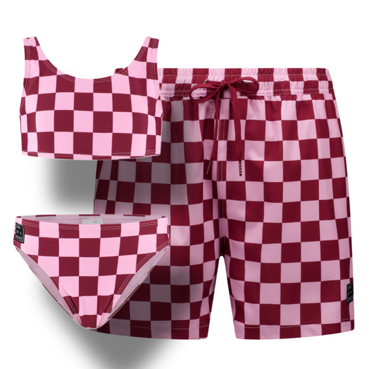 Check, Red, Father and daughter swim trunks/bikini