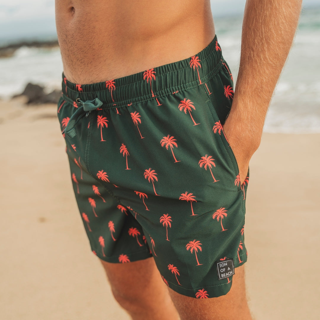 Palm tree, Dark green, Father and son swim shorts