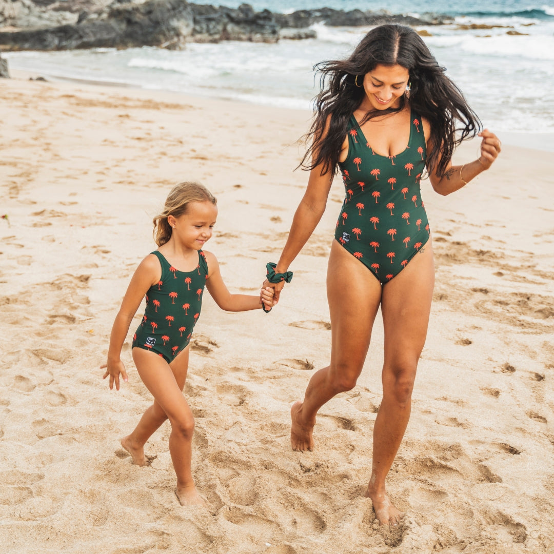 Palm tree, Dark green, Mother and daughter swimsuit