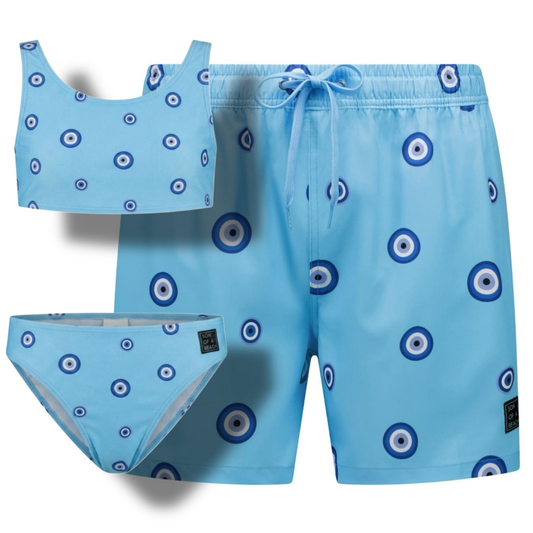 Eye, Blue, Father and daughter swim trunks/bikini