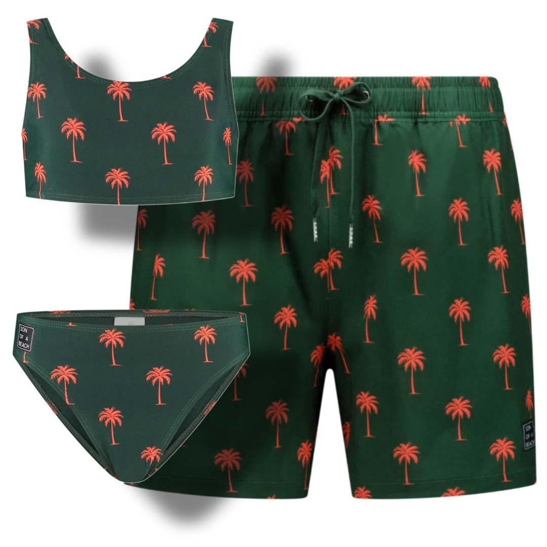 Palm tree, Dark green, Father and daughter swim trunks/bikini 