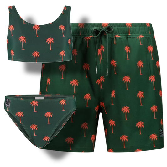 Palm tree, Dark green, Father and daughter swim trunks/bikini 