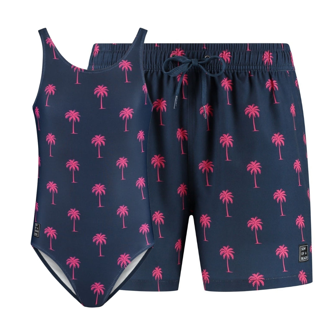 Palm tree, Blue, Father and daughter swimwear