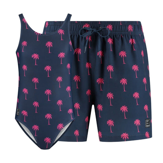 Palm tree, Blue, Father and daughter swimwear