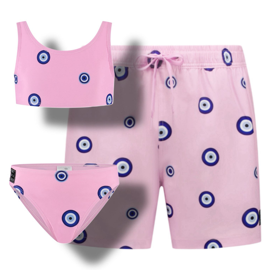 Eye, Pink, Father and daughter swim trunks/bikini