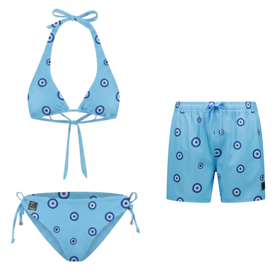 Eye, Blue, Mother and son bikini/swimming trunks
